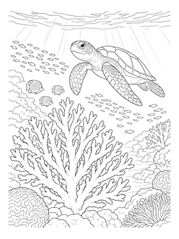 A sea turtle glides above textured branches in this detailed coral coloring page.