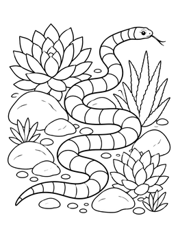 A striped snake winds through succulents and stones on this coral coloring page.
