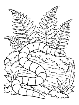 A striped coral coloring page showing a serpent resting on a mossy log with tall ferns.