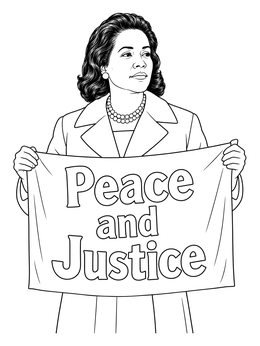 An inspiring coretta scott king coloring page showing her holding a Peace and Justice sign.