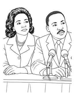 A detailed coretta scott king coloring page showing her seated beside Dr. Martin Luther King Jr. at a press conference.