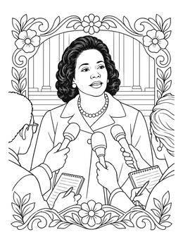 An inspiring coretta scott king coloring page showing her speaking to reporters with microphones.