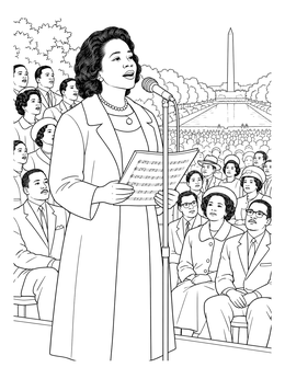 A coretta scott king coloring page showing her singing with sheet music in front of a crowd.