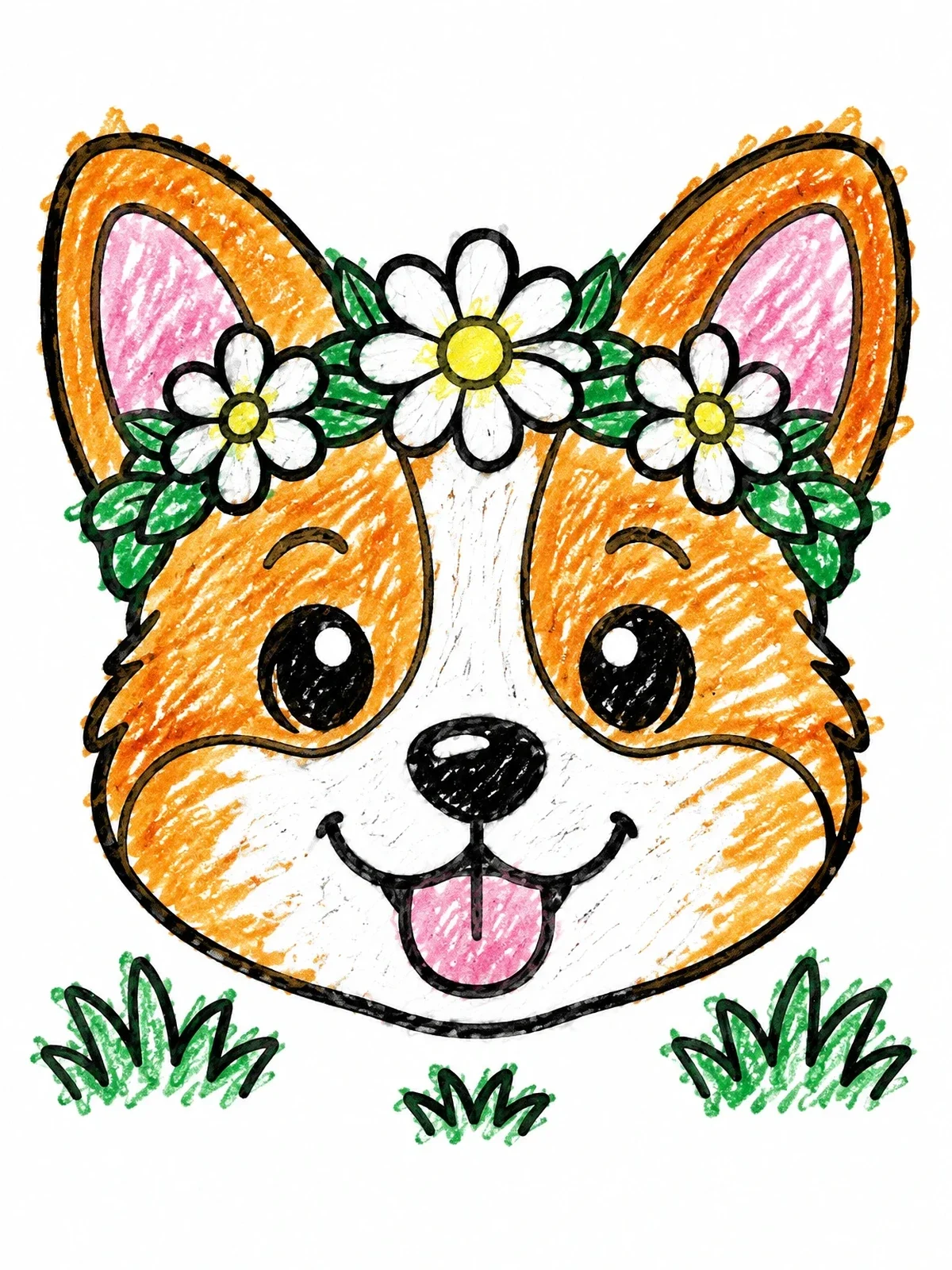 Colored example of the Corgi Face With Flower Crown coloring page