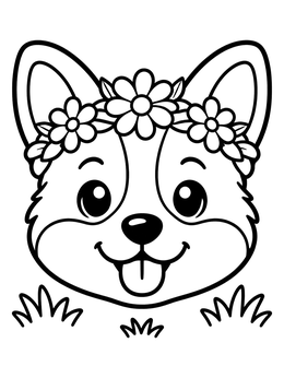 Free printable Corgi Face With Flower Crown coloring page