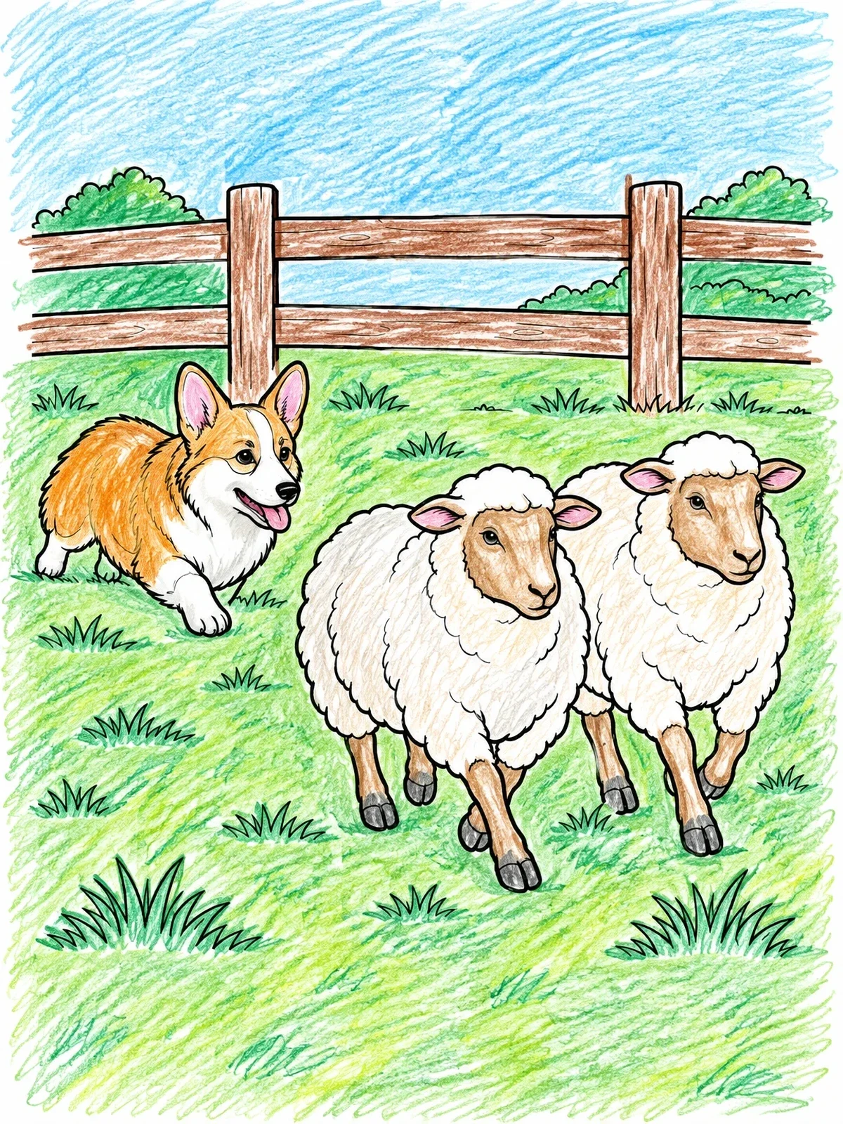 Colored example of the Playful Corgi Herding Sheep coloring page