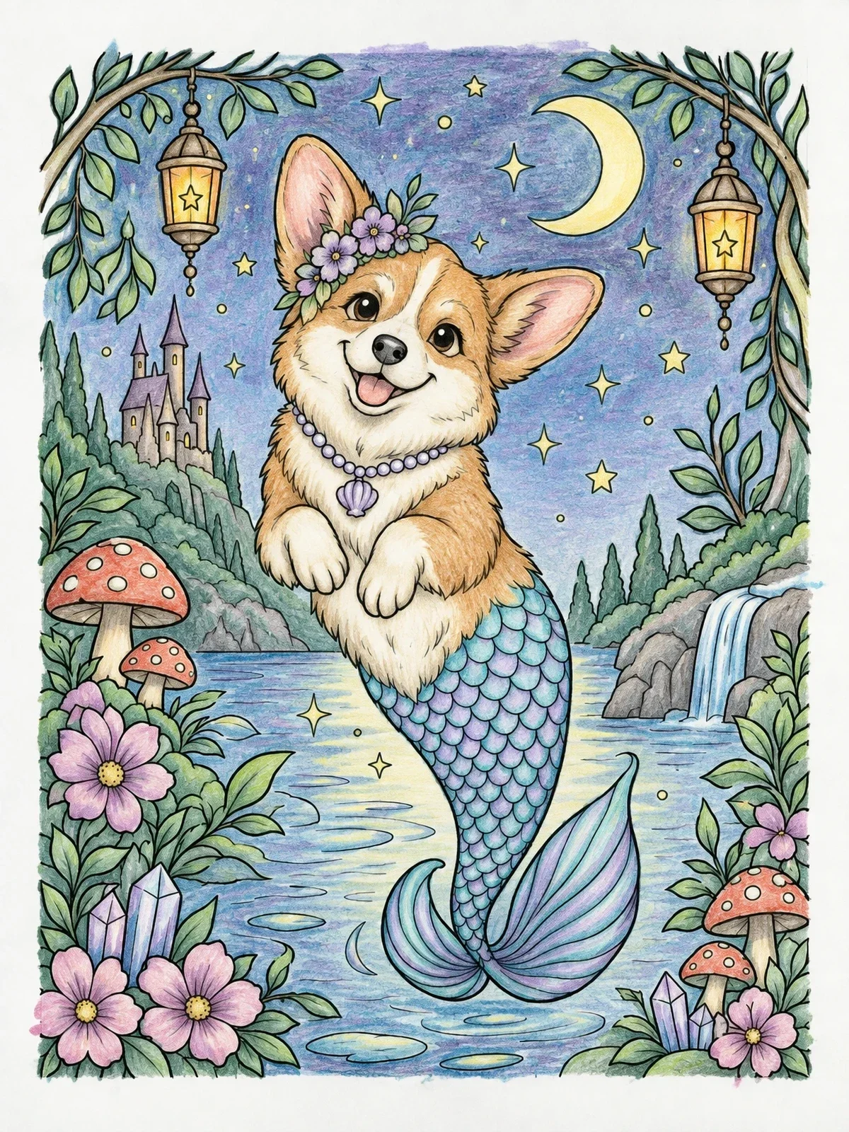Colored example of the Corgi Mermaid In Magical Night coloring page
