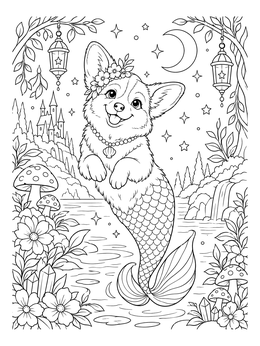 Free printable Corgi Mermaid In Magical Night coloring page