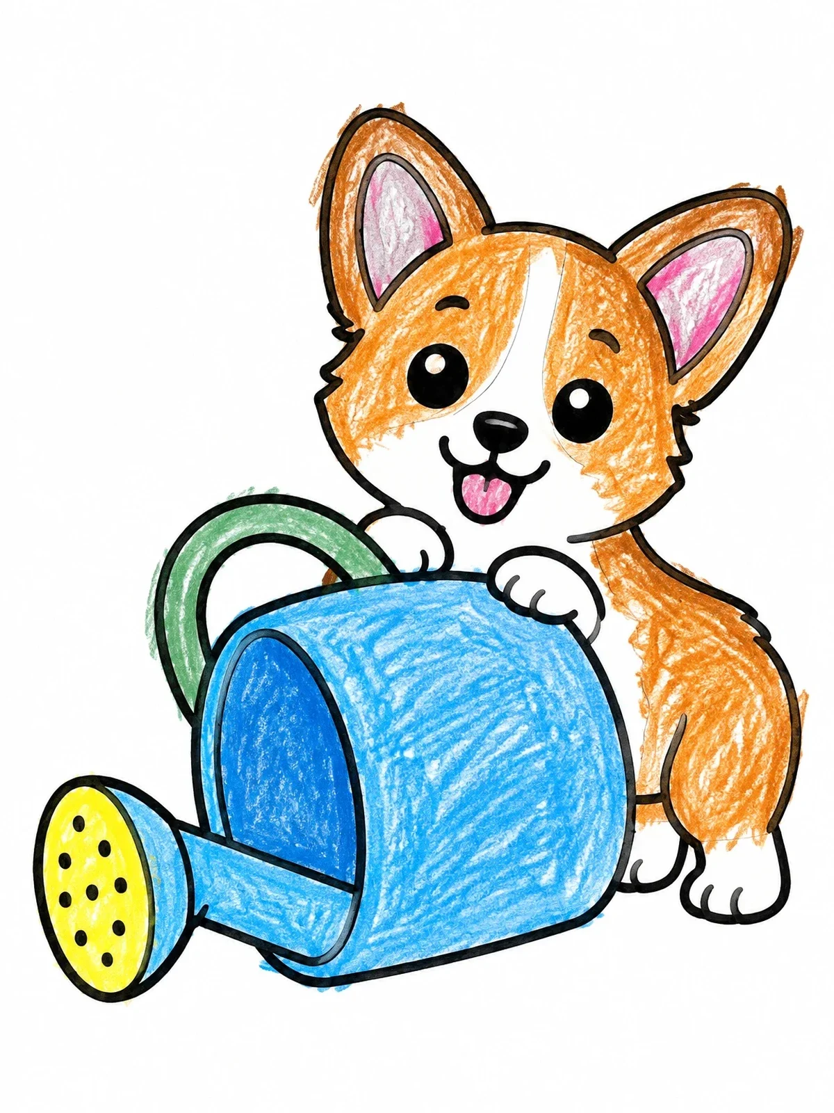 Colored example of the Playful Corgi Puppy Behind Watering Can coloring page