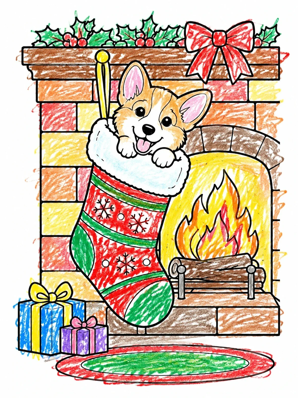 Colored example of the Corgi Puppy In Christmas Stocking coloring page