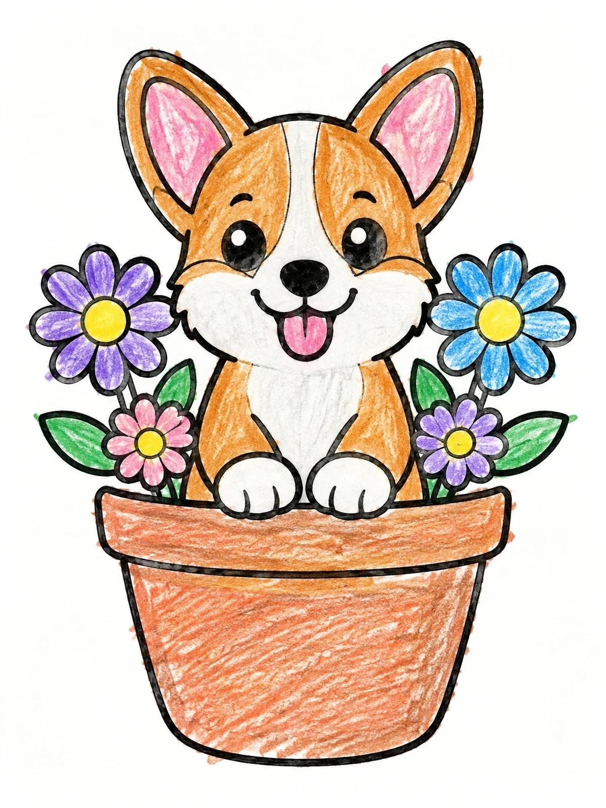Colored example of the Cute Corgi Puppy In Flower Pot coloring page