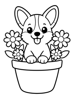 Free printable Cute Corgi Puppy In Flower Pot coloring page