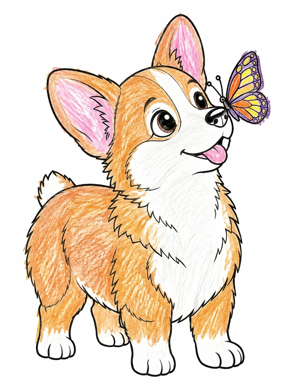 Colored example of the Cute Corgi Puppy With Butterfly coloring page