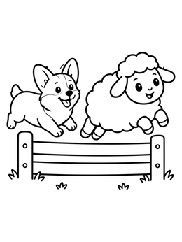 Free printable Corgi And Sheep Jumping Fence coloring page