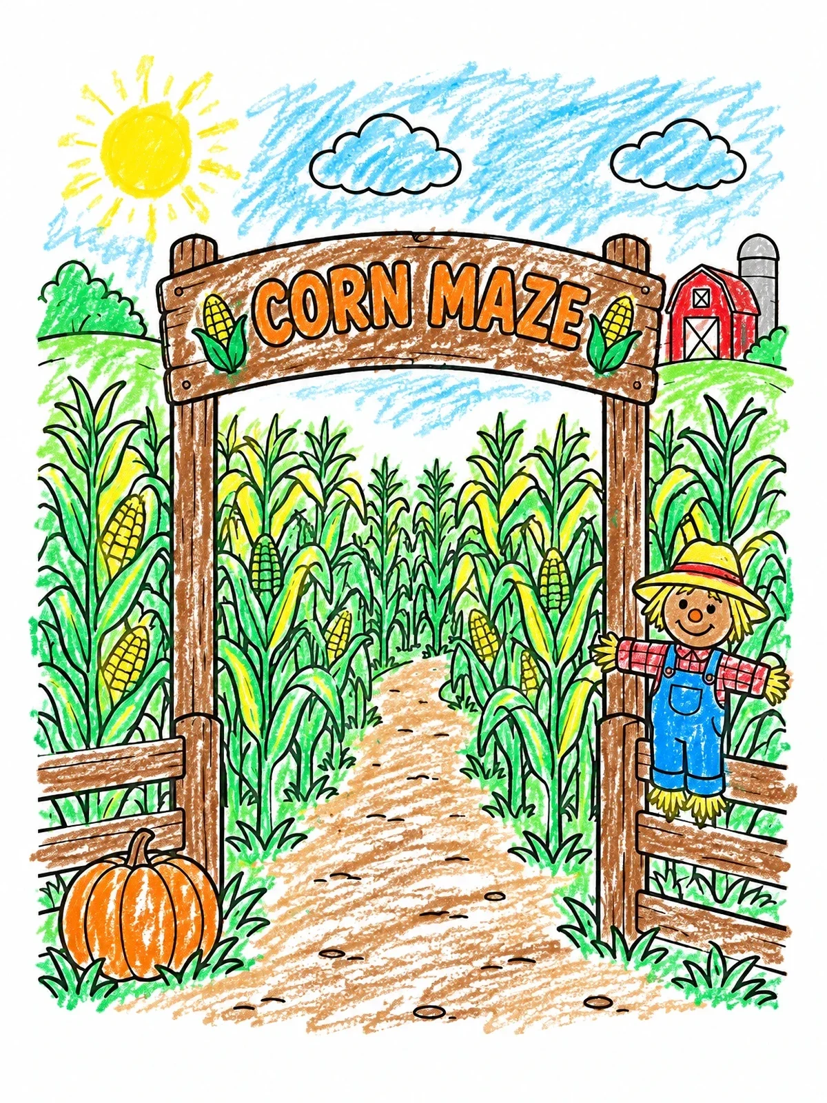 Colored example of the Corn Maze Entrance With Cute Scarecrow coloring page