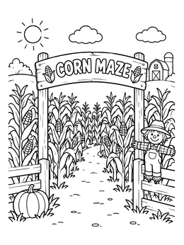 Free printable Corn Maze Entrance With Cute Scarecrow coloring page
