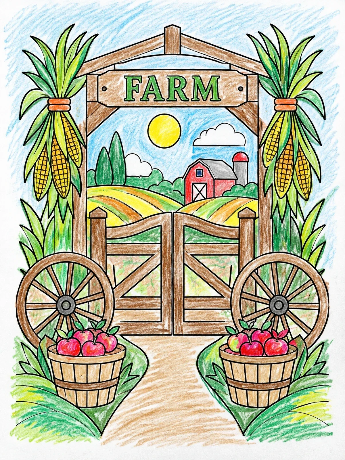 Colored example of the Harvest Farm Gate Entrance coloring page