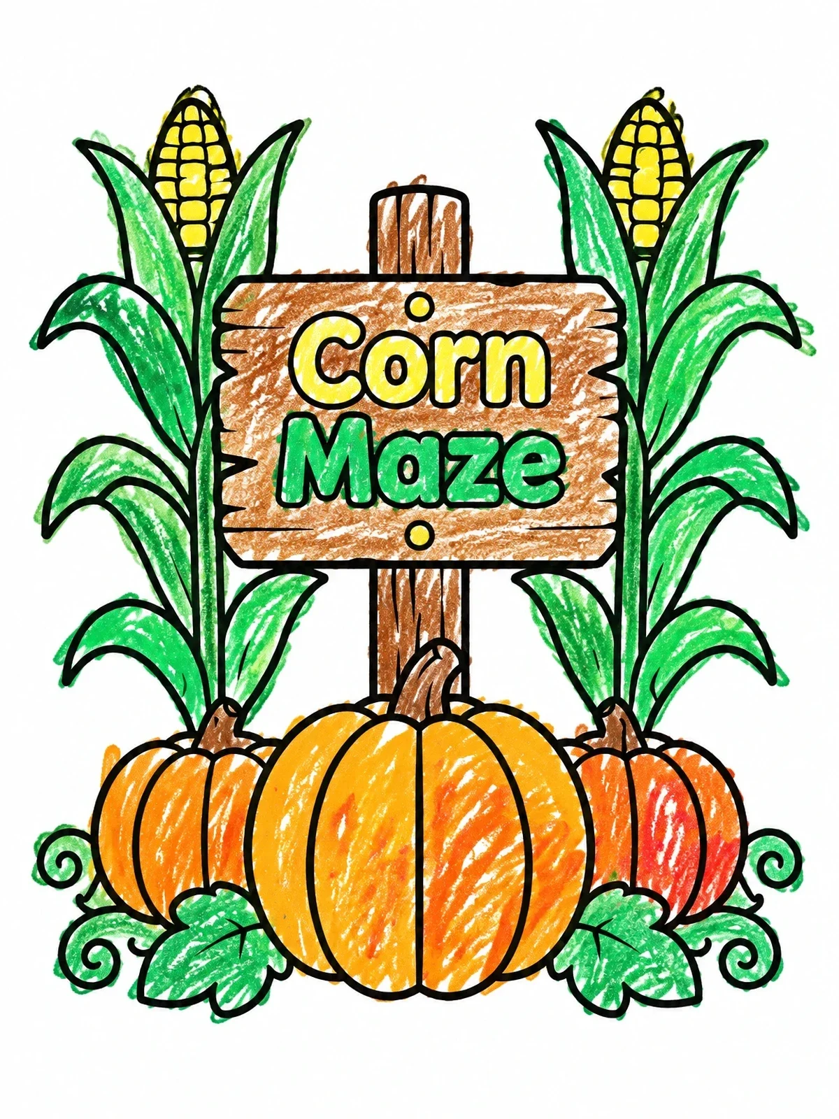 Colored example of the Corn Maze Sign With Pumpkins coloring page