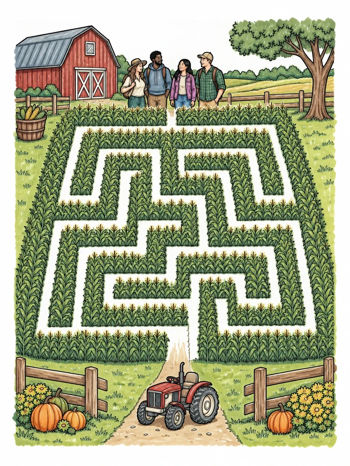 Colored example of the Cornfield Maze With Tractor And Barn coloring page