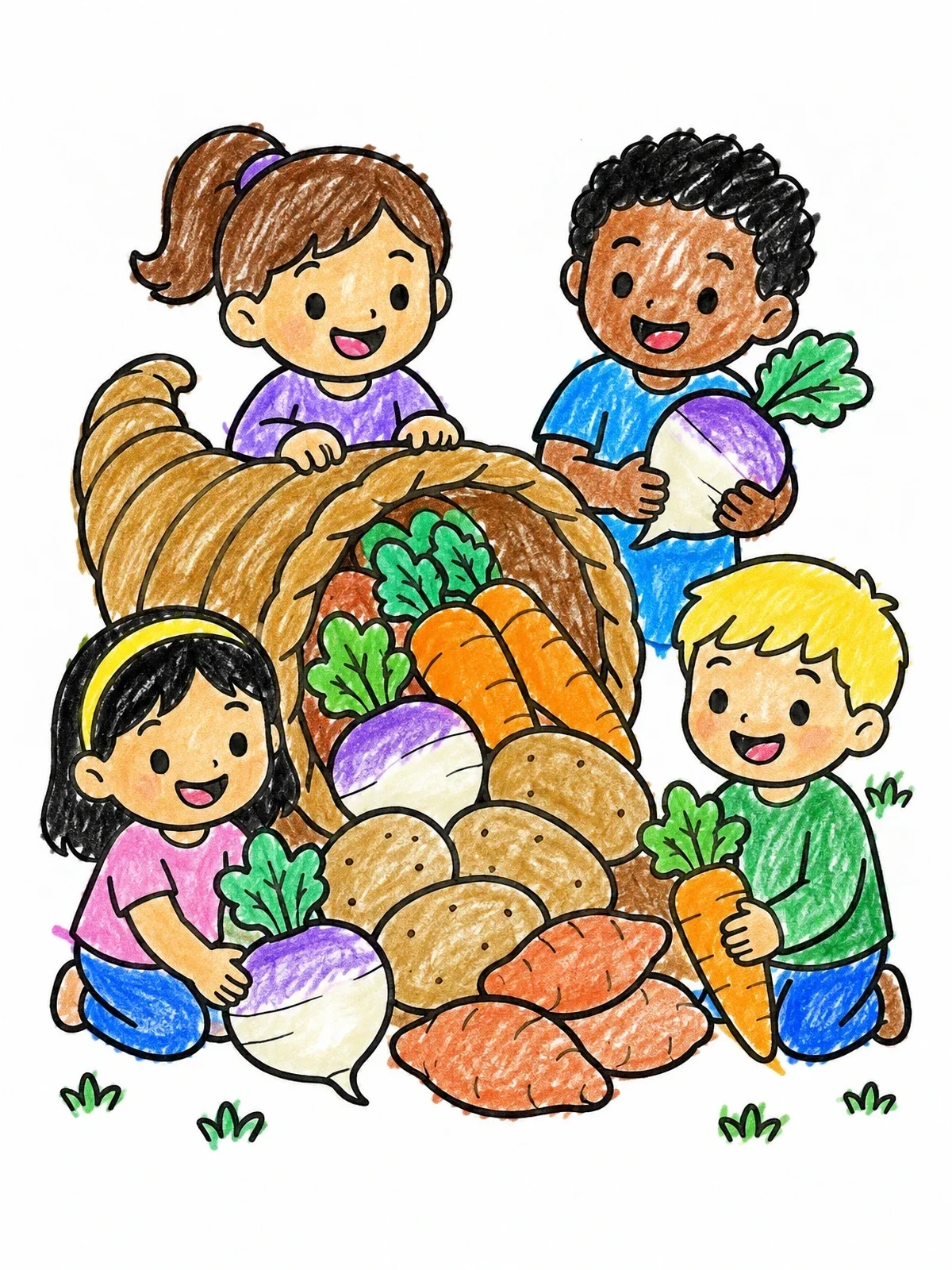 Colored example of the Children With Harvest Horn Of Plenty coloring page