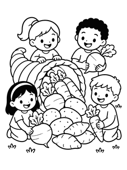 Free printable Children With Harvest Horn Of Plenty coloring page