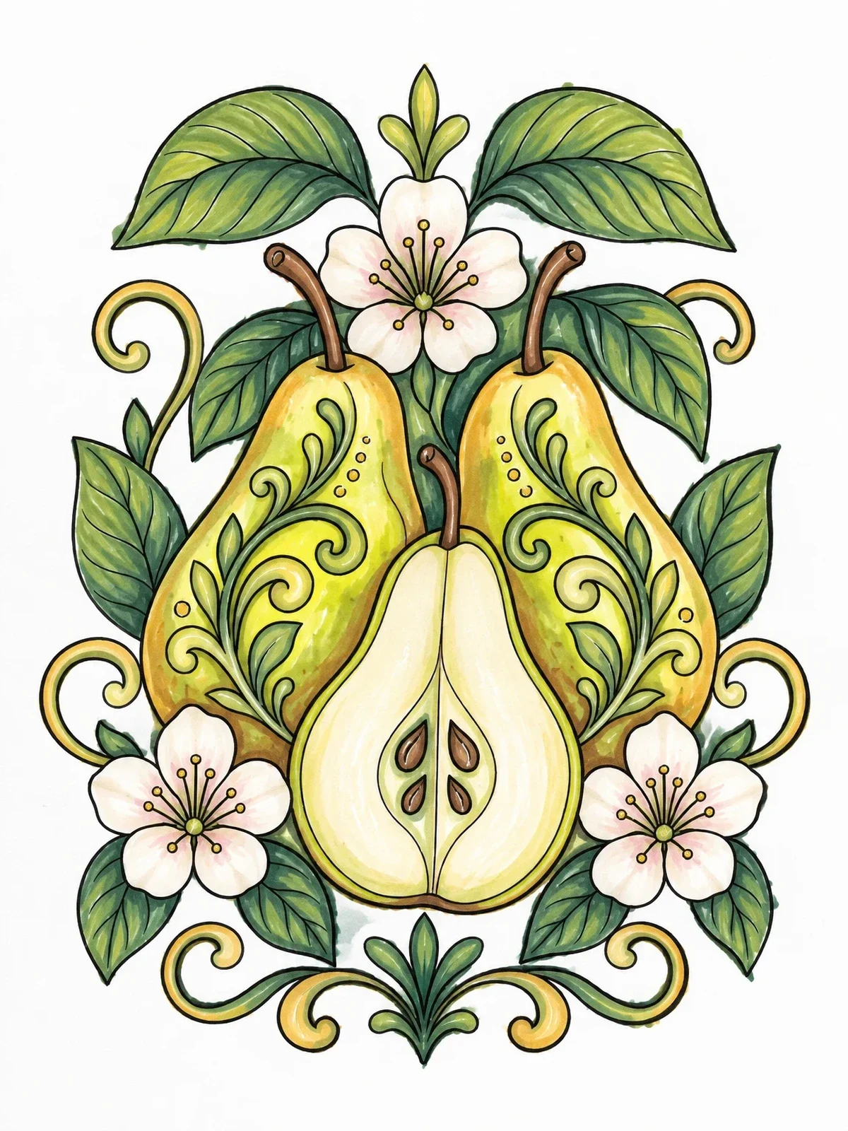 Colored example of the Decorative Harvest Pears And Blossoms coloring page