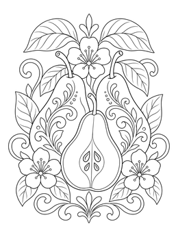 An ornate arrangement of pears with blossoms in a cornucopia food coloring page.