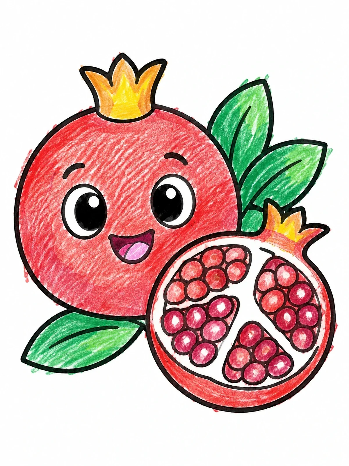 Colored example of the Happy Pomegranate And Slices coloring page