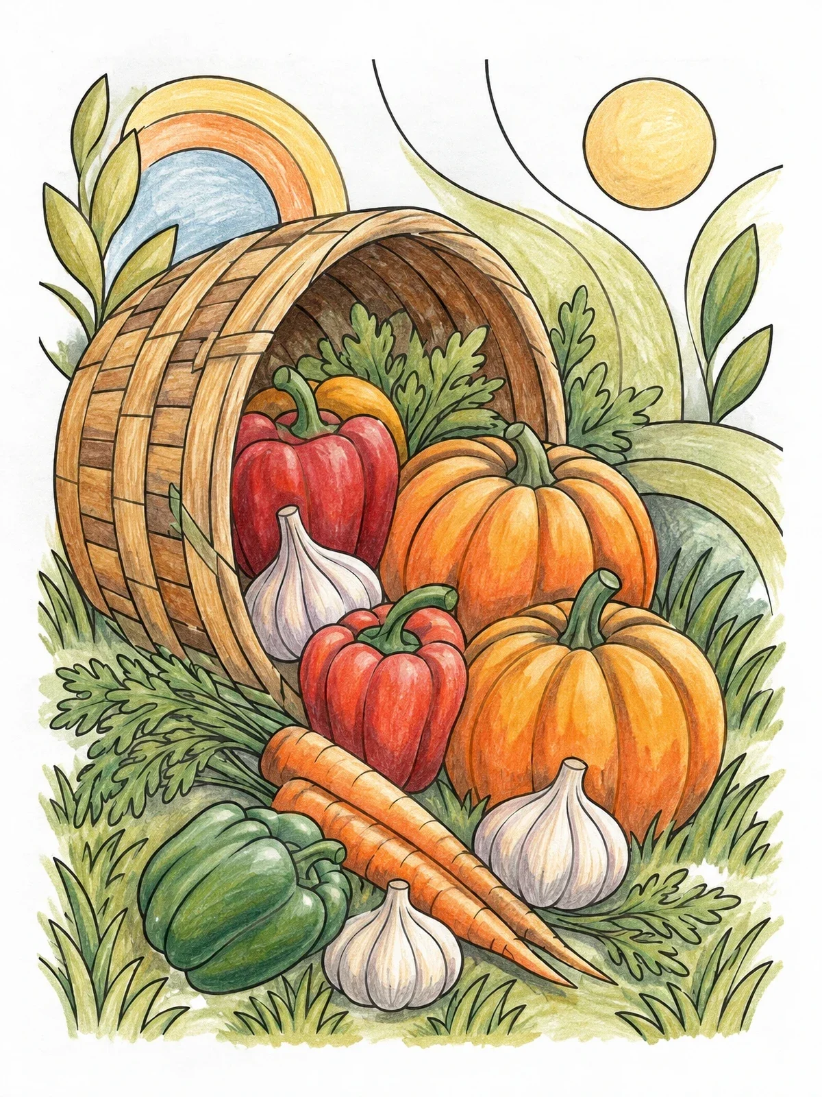 Colored example of the Harvest Basket Spilling Autumn Vegetables coloring page