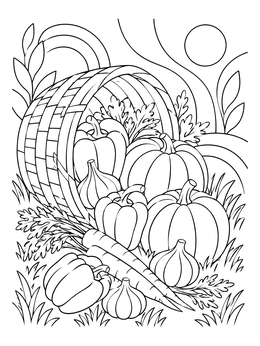Detailed cornucopia food coloring page featuring pumpkins, peppers, and carrots spilled from a basket.