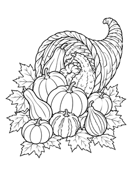 A detailed cornucopia food coloring page spilling assorted pumpkins and gourds over maple leaves.
