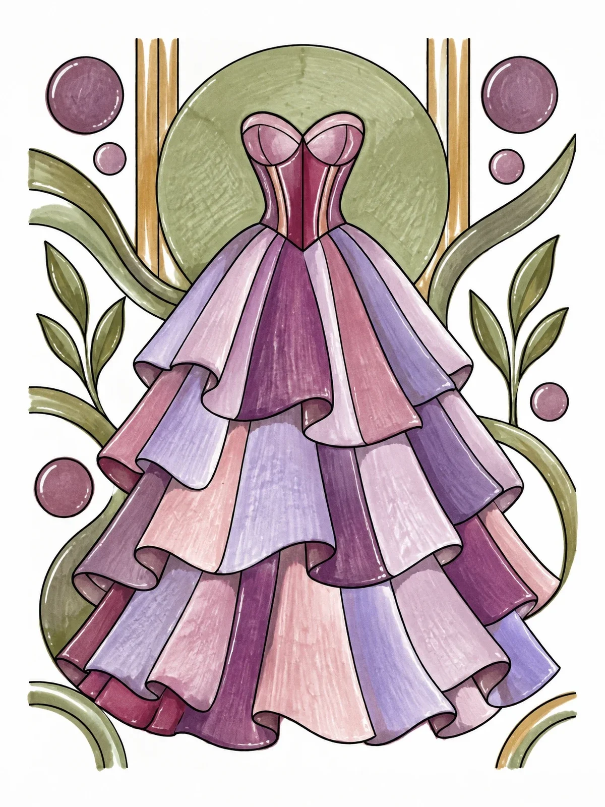 Colored example of the Corset Bodice Tiered Ball Gown coloring page
