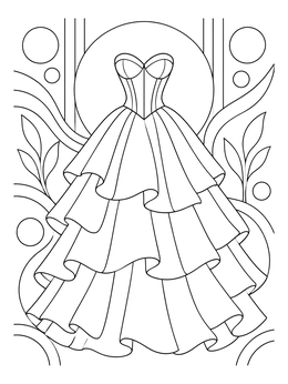 A ball gown dress coloring page featuring a corset bodice and flowing tiered ruffles.
