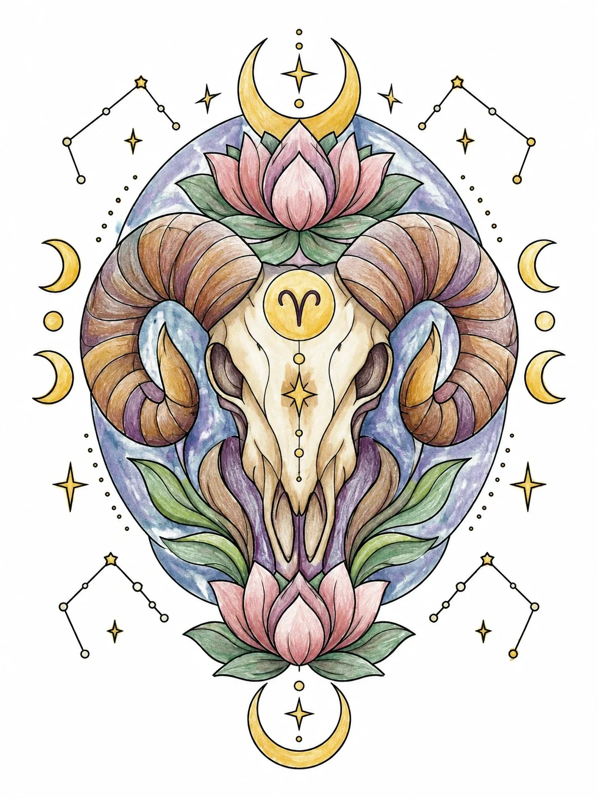 Colored example of the Cosmic Aries Ram Skull With Lotuses coloring page