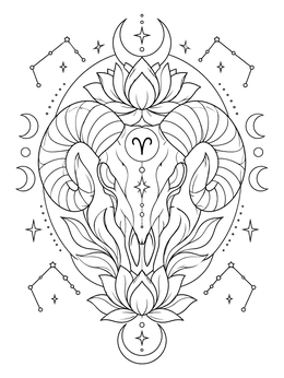 Mystical ram skull flanked by lotus flowers and constellations on this aries coloring page.