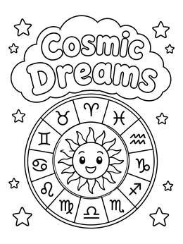 Free printable Cosmic Dreams Zodiac Wheel coloring page