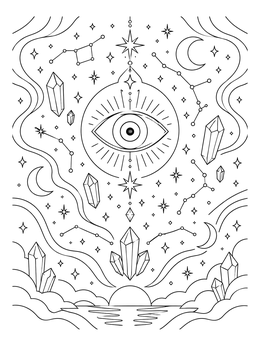 Mystical evil eye coloring page surrounded by stars, constellations, and floating crystals.