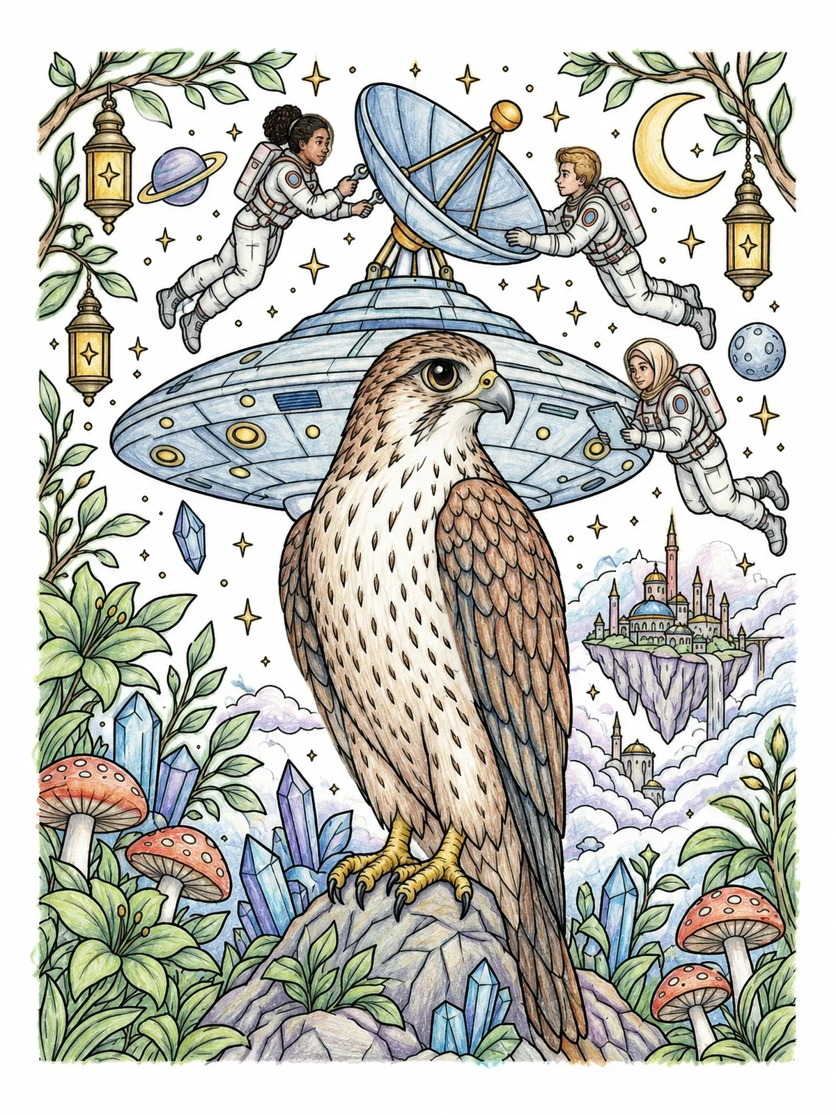 Colored example of the Cosmic Falcon And Astronaut Explorers coloring page