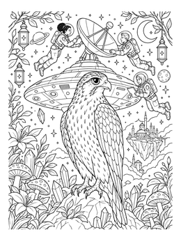 A detailed falcon coloring page surrounded by astronauts repairing a spaceship in orbit.