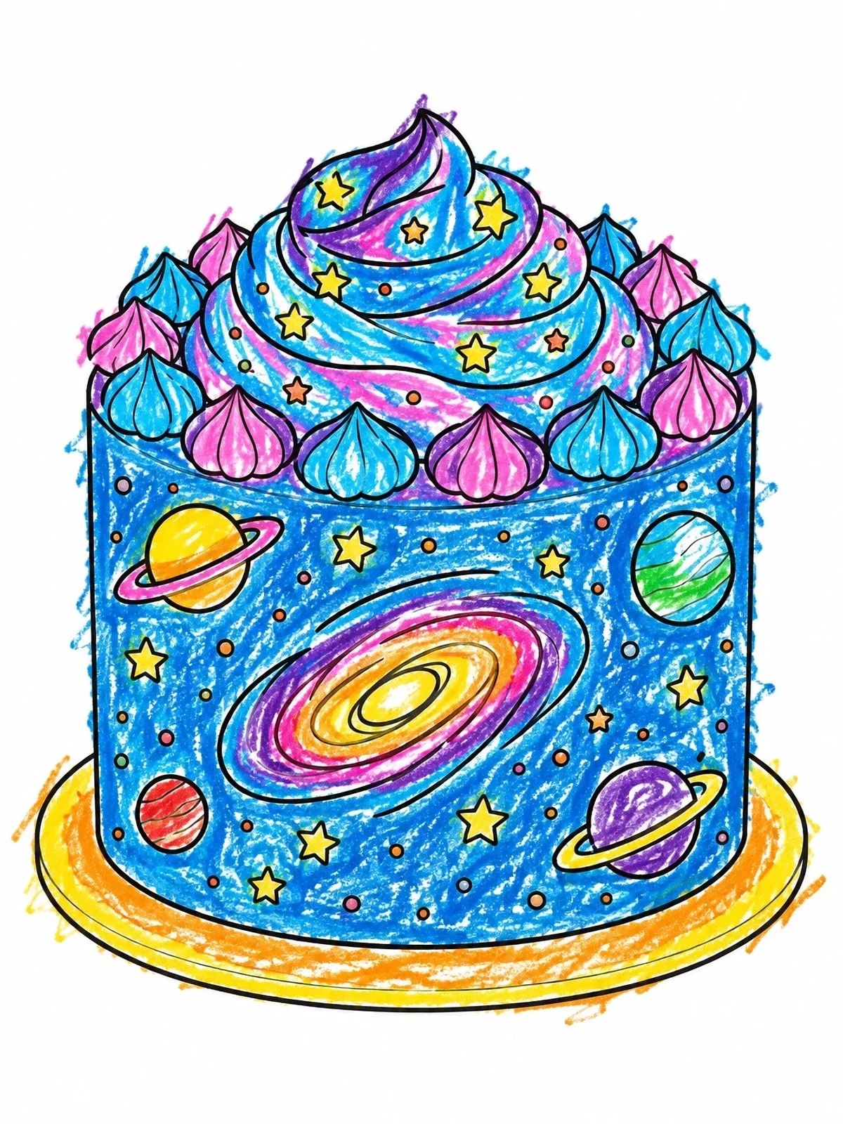 Colored example of the Cosmic Galaxy Celebration Cake coloring page