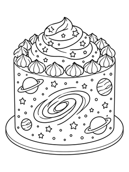 A cosmic space cake coloring page decorated with swirl frosting, stars, and planets.