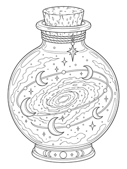 A magical potion bottle coloring page holding a swirling galaxy and orbiting crescent moons.