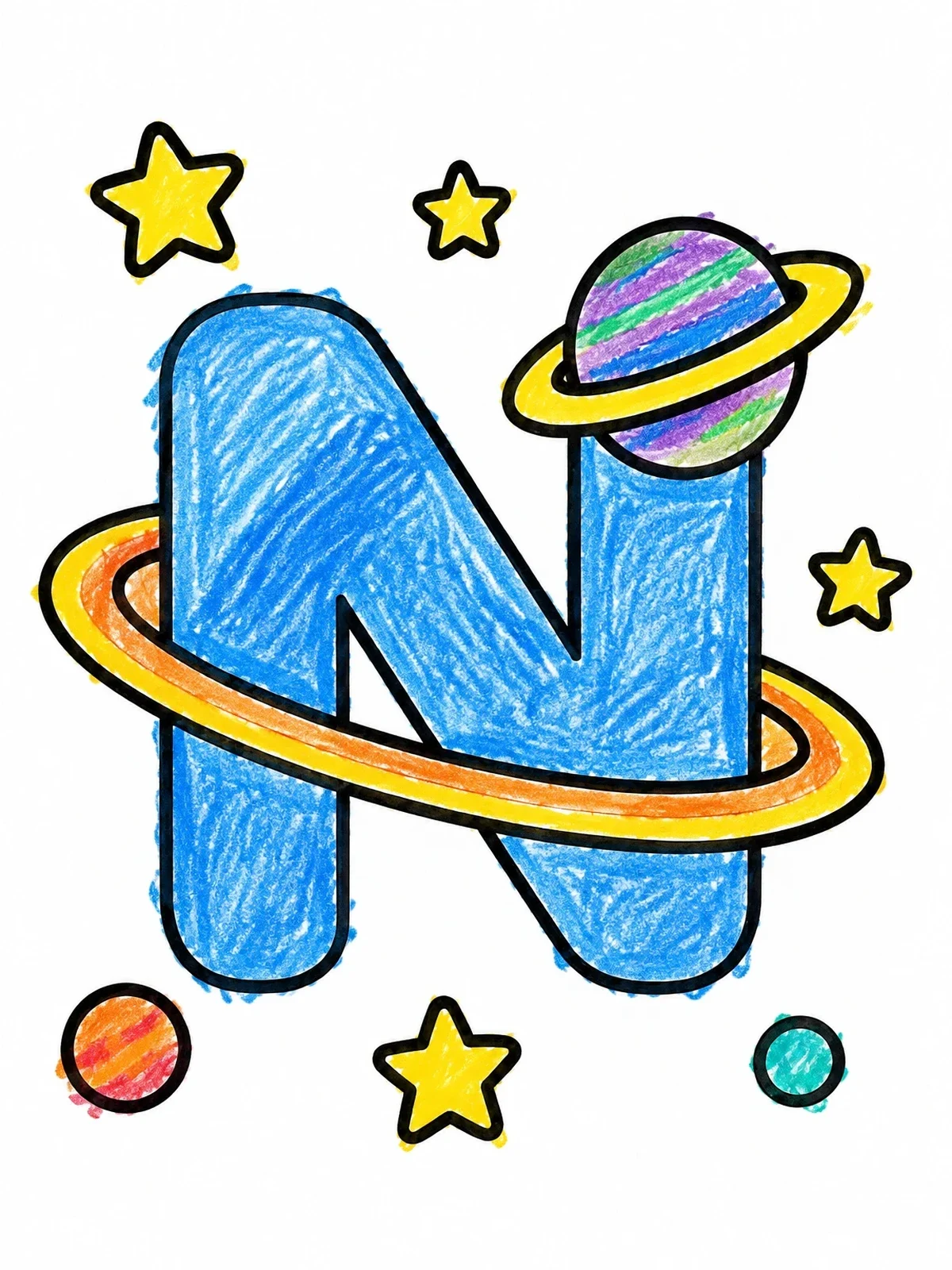 Colored example of the Cosmic Letter N With Planetary Rings coloring page