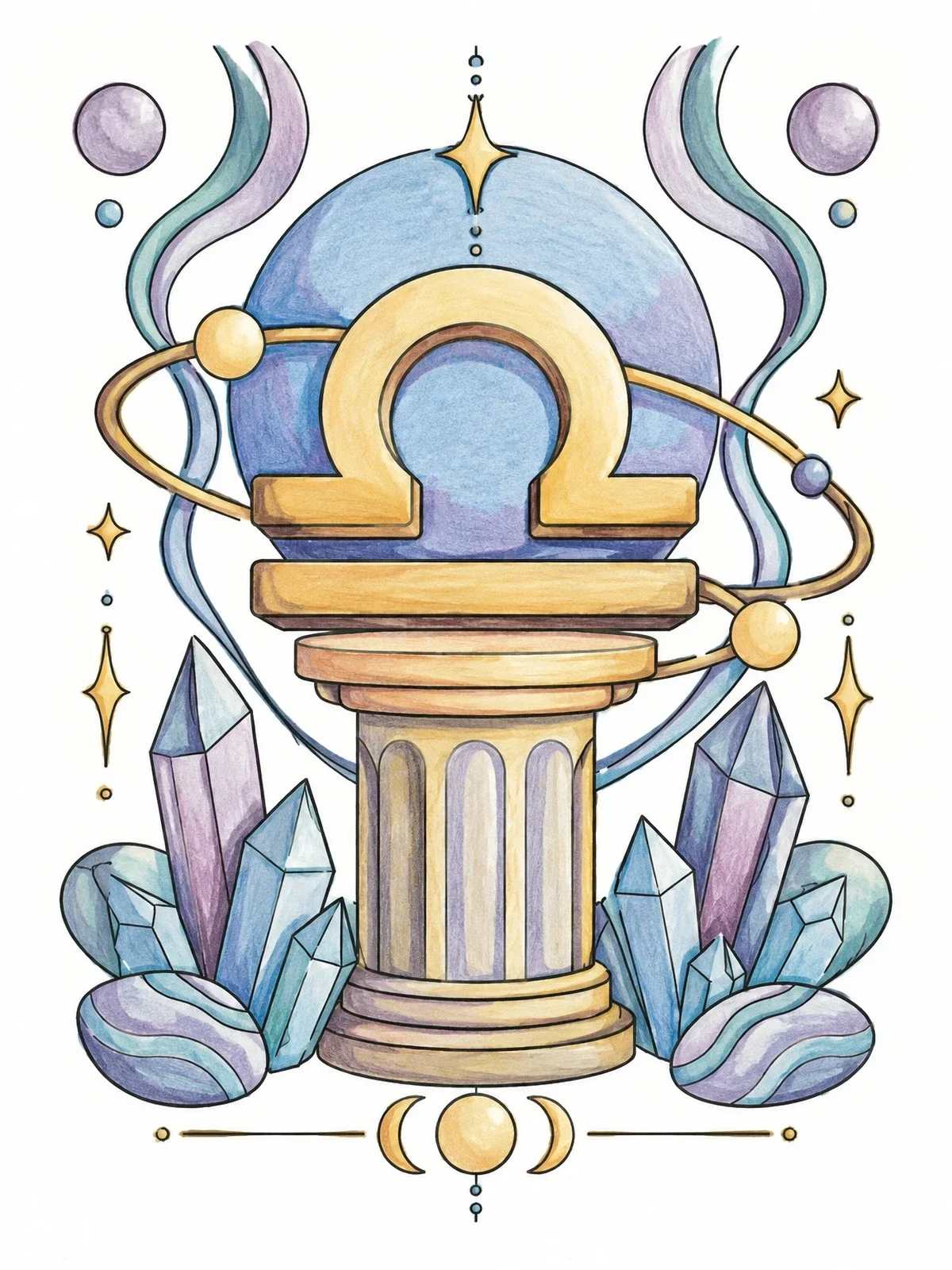 Colored example of the Cosmic Libra Zodiac Glyph On Pedestal coloring page