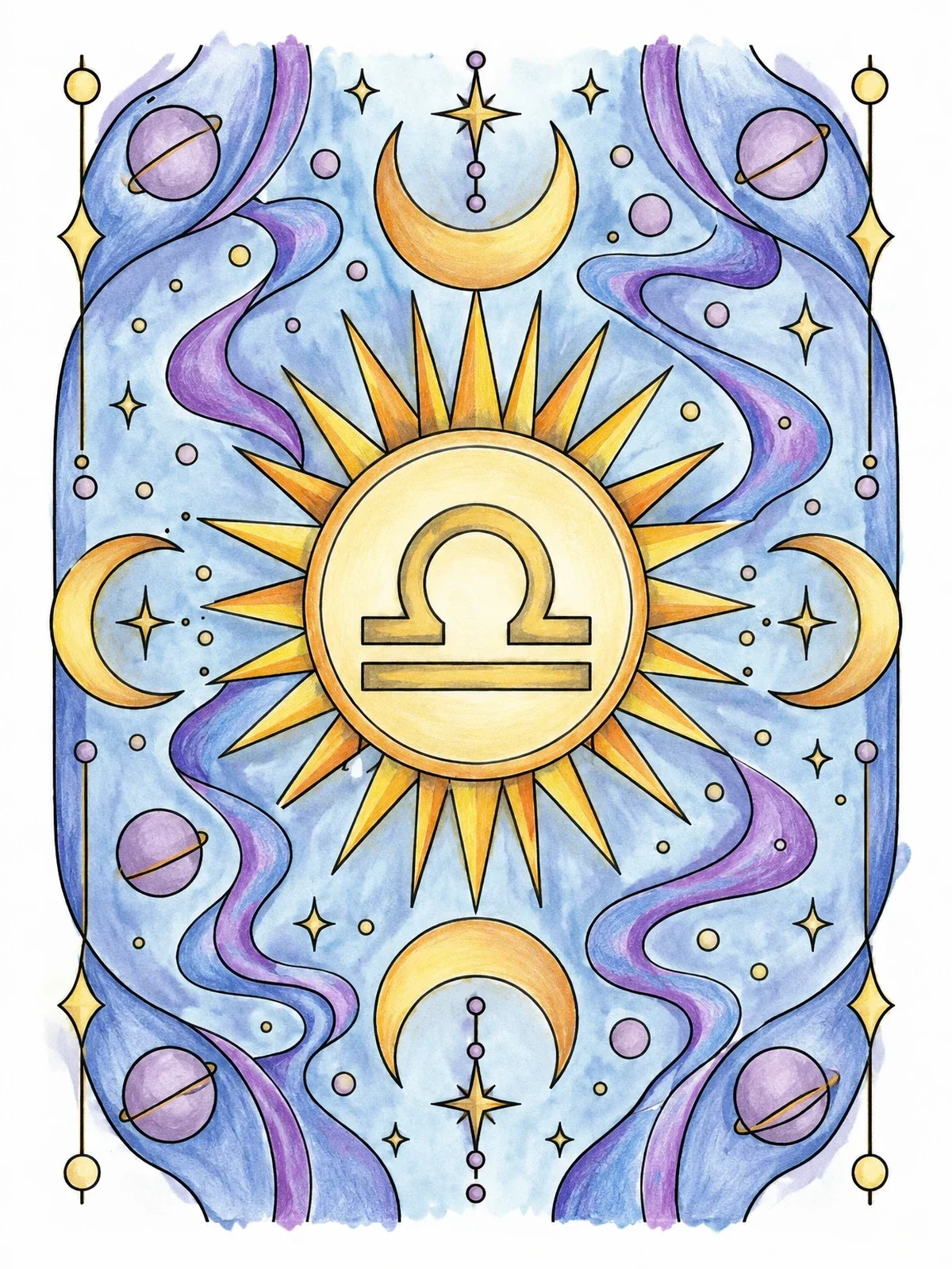 Colored example of the Cosmic Libra Zodiac Sunburst coloring page