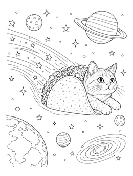 A cosmic taco coloring page featuring a cute cat soaring through outer space past planets and stars.