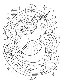 A celestial unicorn mandala coloring page with a crescent moon, stars, and planets.