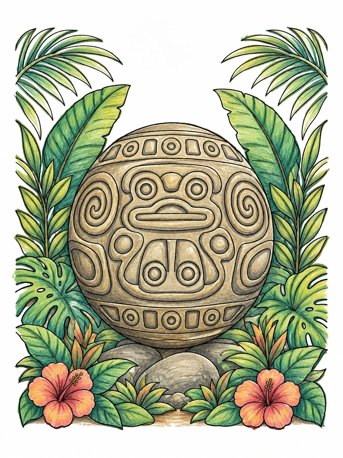 Colored example of the Carved Diquís Stone Sphere In Rainforest coloring page