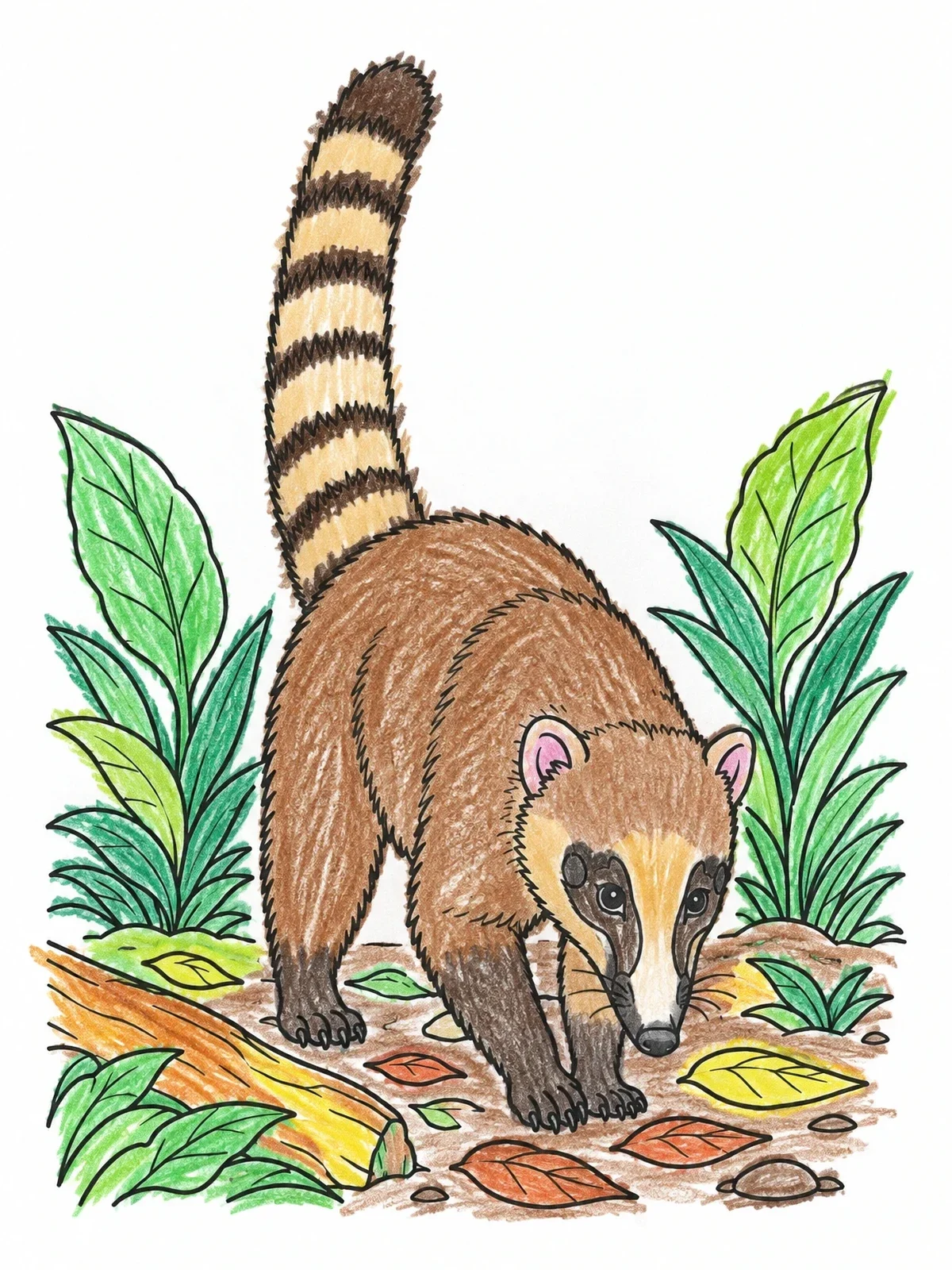 Colored example of the Coati Foraging On Rainforest Floor coloring page