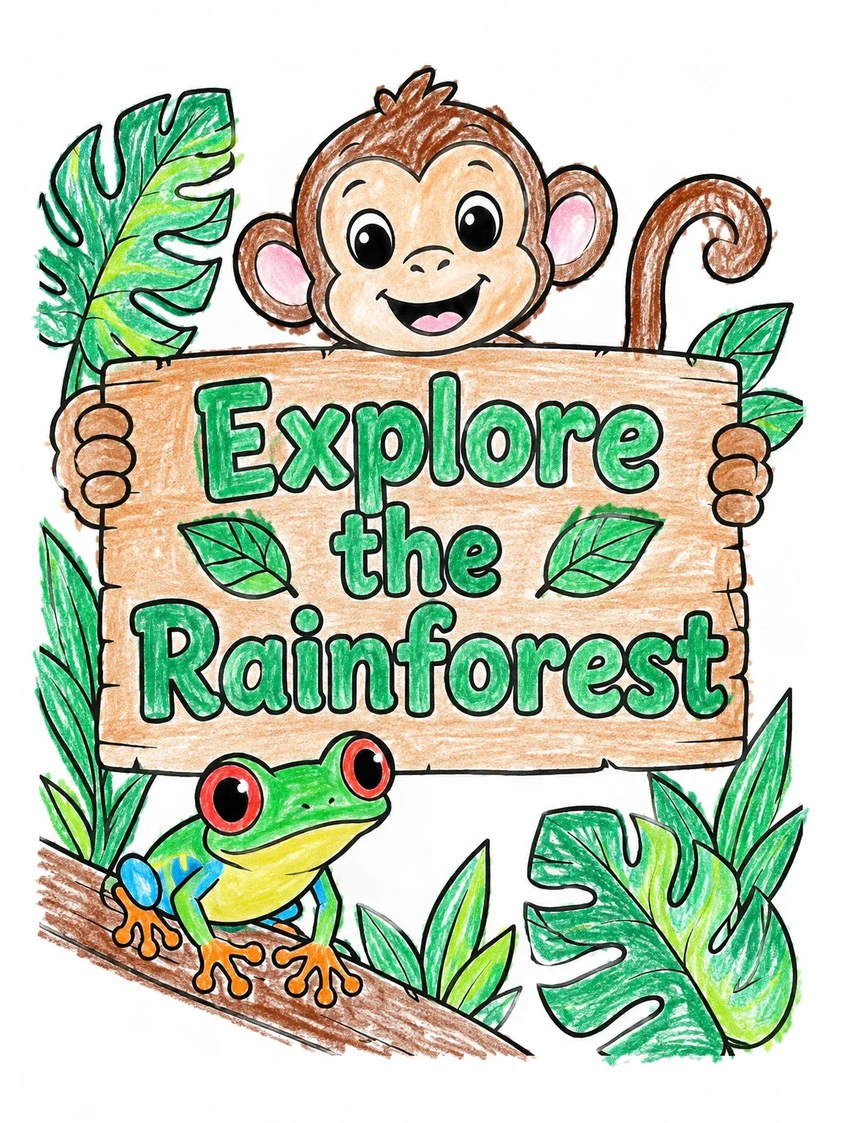 Colored example of the Rainforest Monkey And Frog Sign coloring page